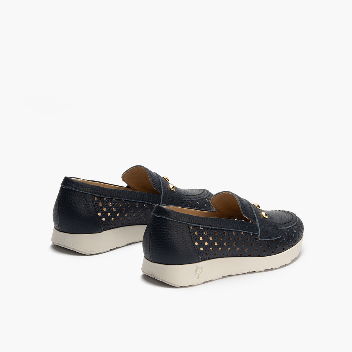 Mocasín plano con adornos, en piel napa y piel perforada Marino