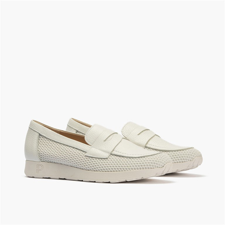 Mocasín plano con antifaz en tejido y piel Blanco