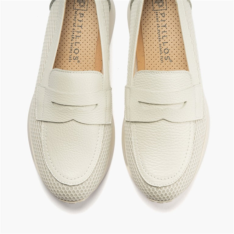 Mocasín plano con antifaz en tejido y piel Blanco