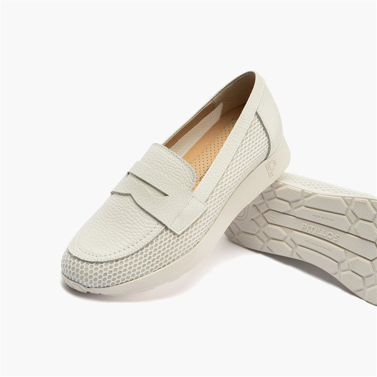 Mocasín plano con antifaz en tejido y piel Blanco