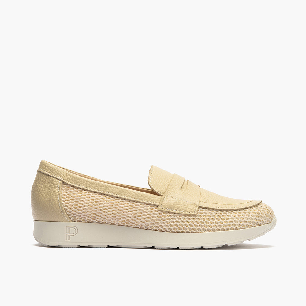 Mocasín plano con antifaz en tejido y piel Crema