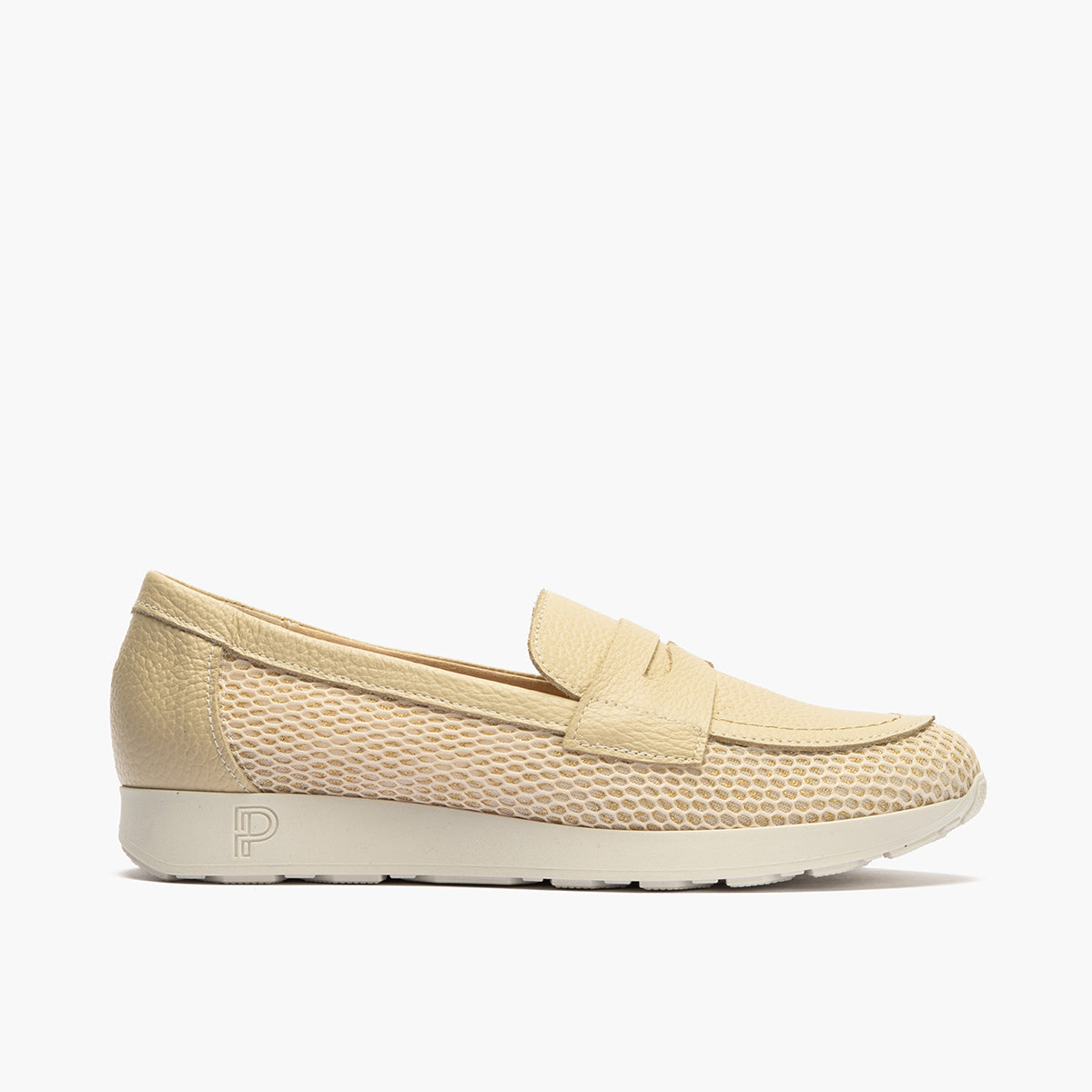 Mocasín plano con antifaz en tejido y piel Crema
