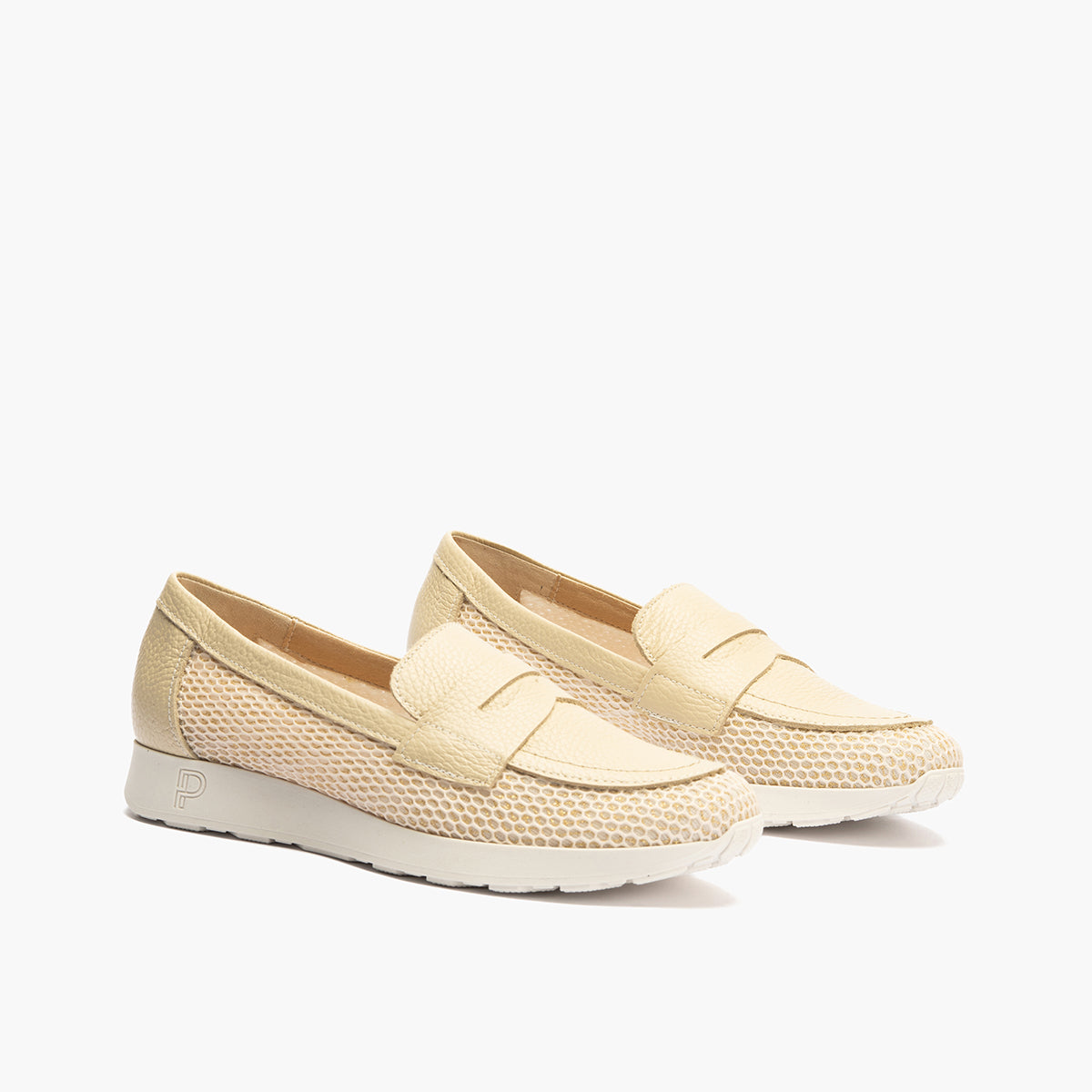 Mocasín plano con antifaz en tejido y piel Crema