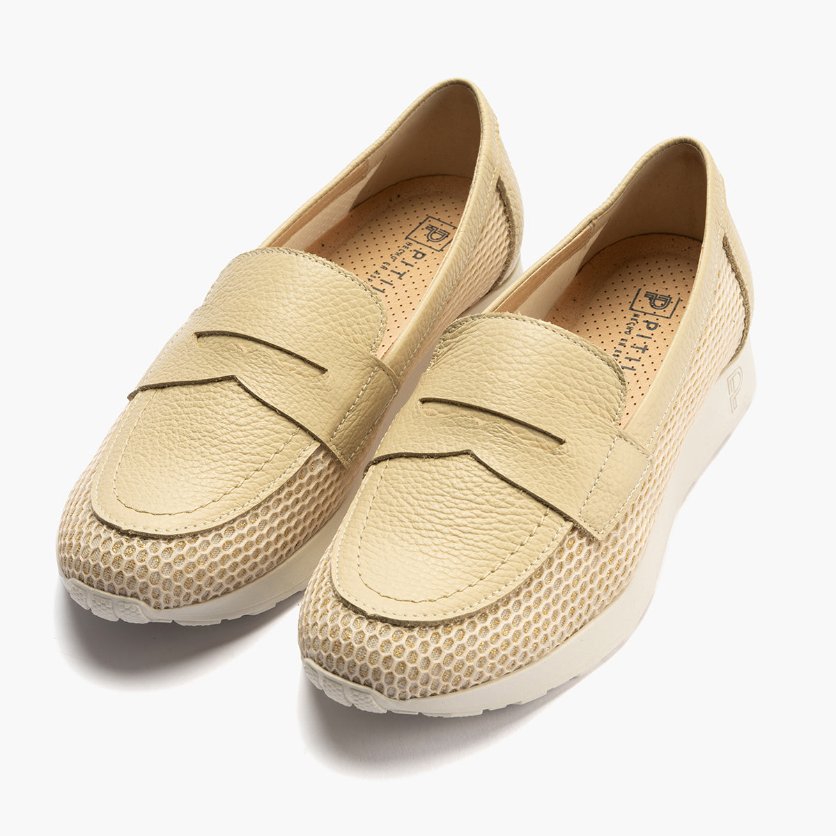 Mocasín plano con antifaz en tejido y piel Crema