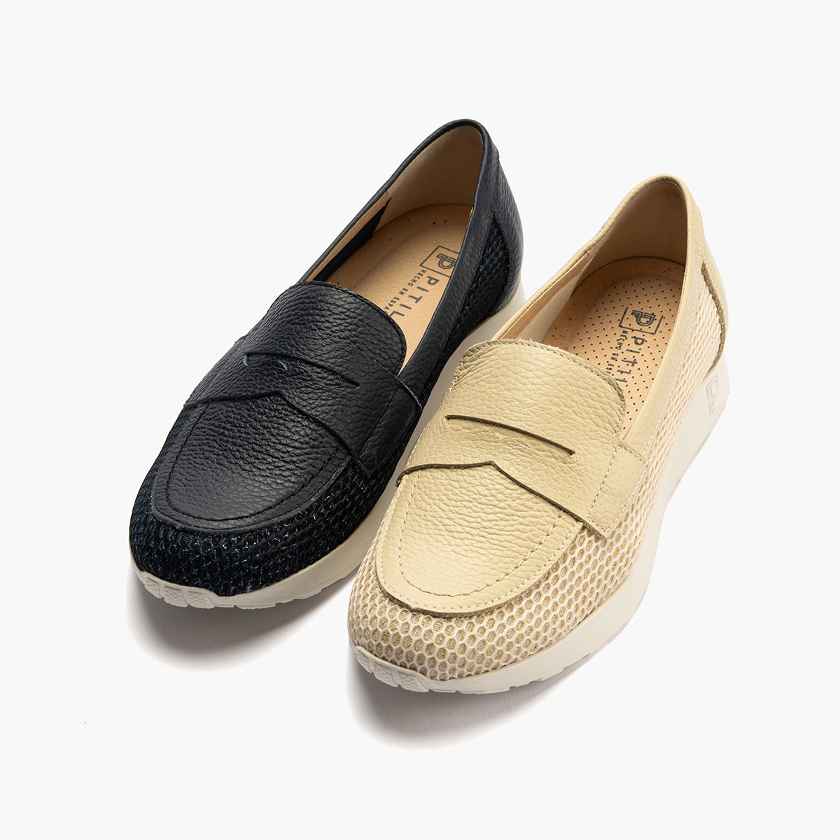 Mocasín plano con antifaz en tejido y piel Crema