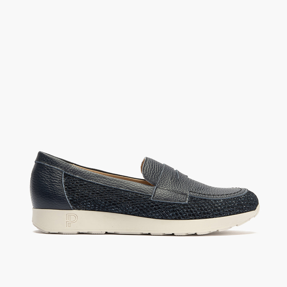 Mocasín plano con antifaz en tejido y piel Marino
