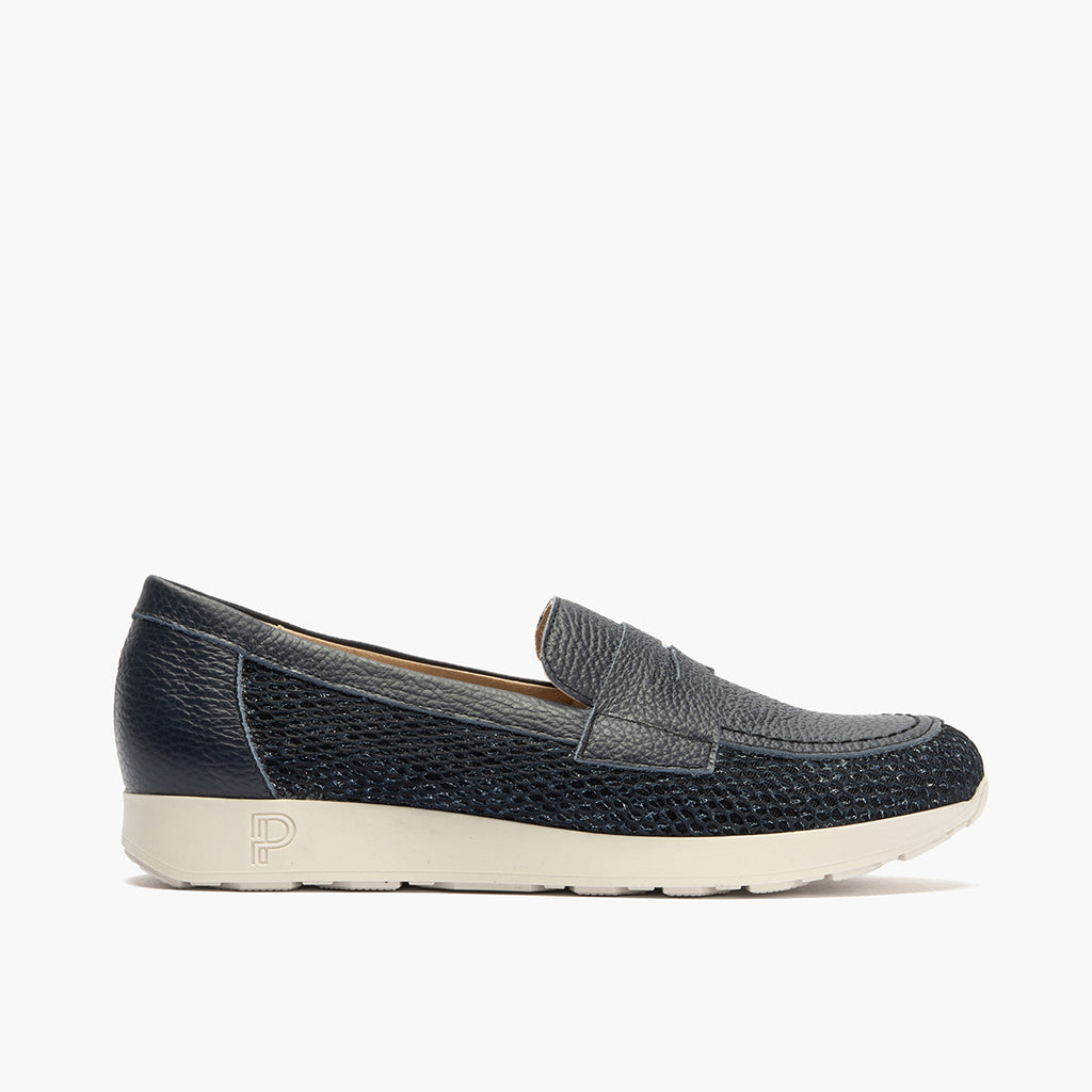 Mocasín plano con antifaz en tejido y piel Marino