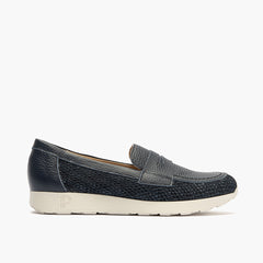 Mocasín plano con antifaz en tejido y piel Marino
