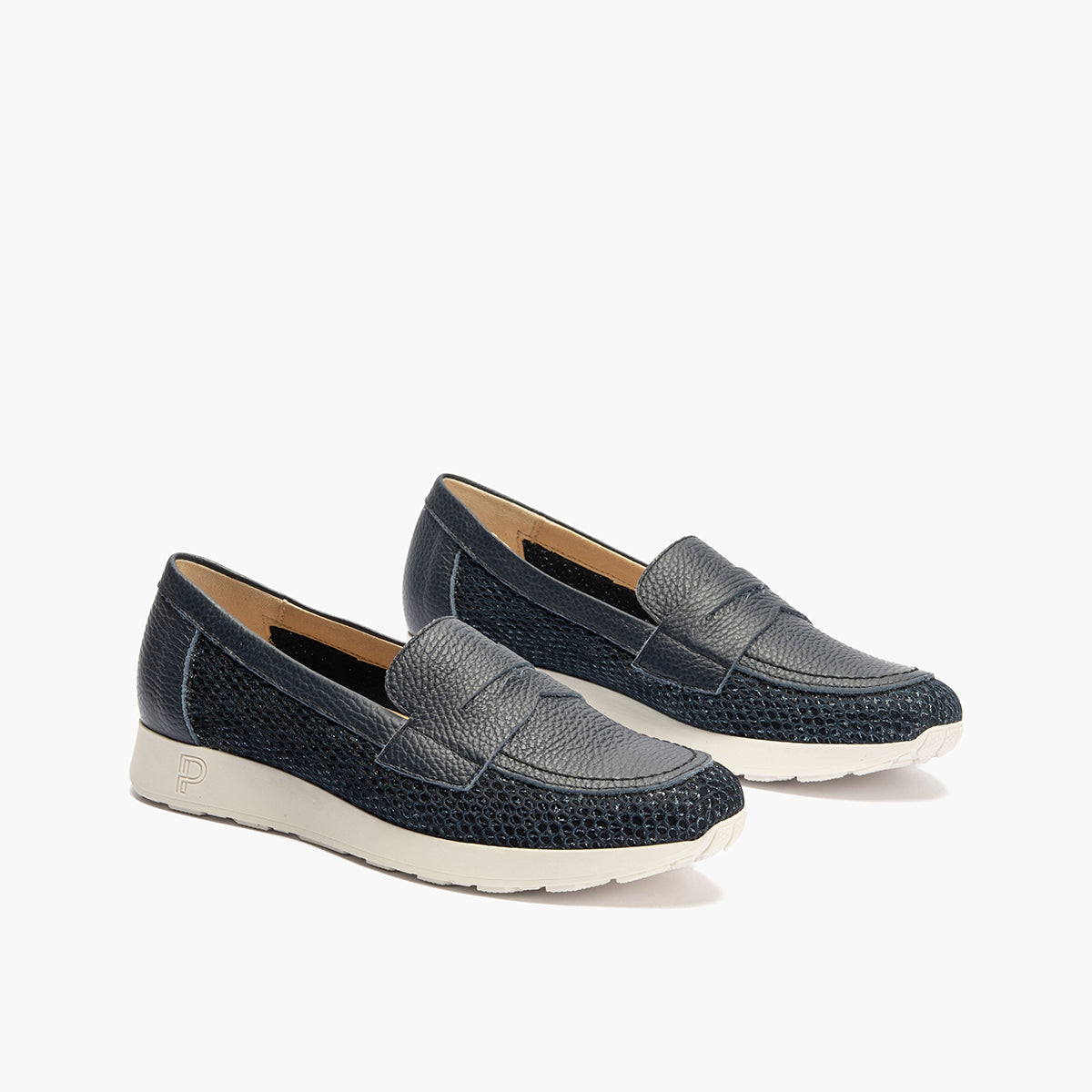 Mocasín plano con antifaz en tejido y piel Marino