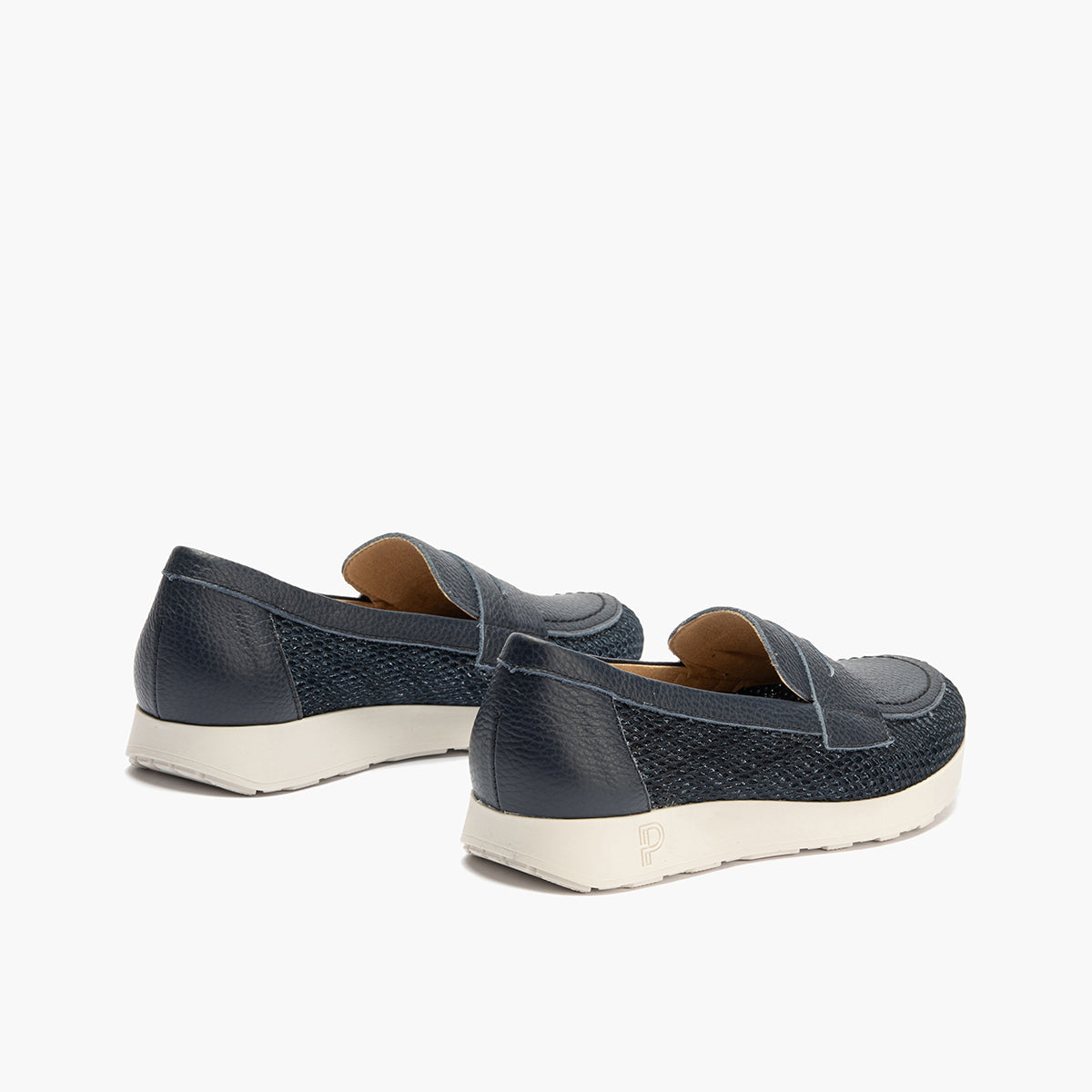 Mocasín plano con antifaz en tejido y piel Marino