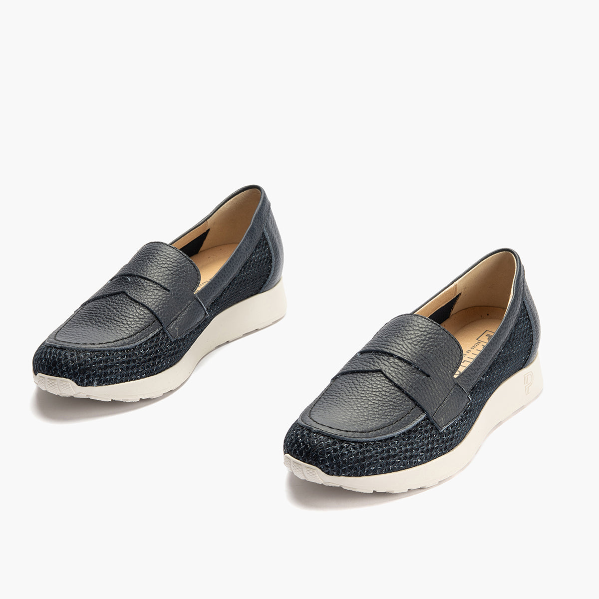 Mocasín plano con antifaz en tejido y piel Marino