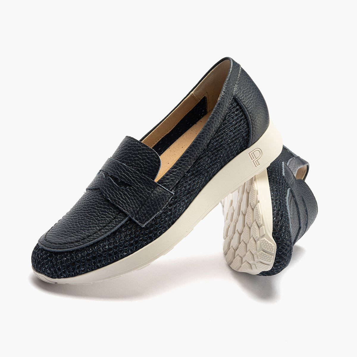 Mocasín plano con antifaz en tejido y piel Marino