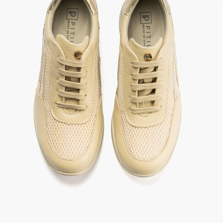 Deportivo con cuña en piel napa y tejido Crema