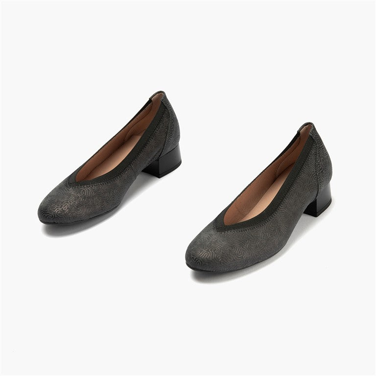Zapato salón con ribete elástico, con tacón bajo y punta redonda, en piel fantasía Negro