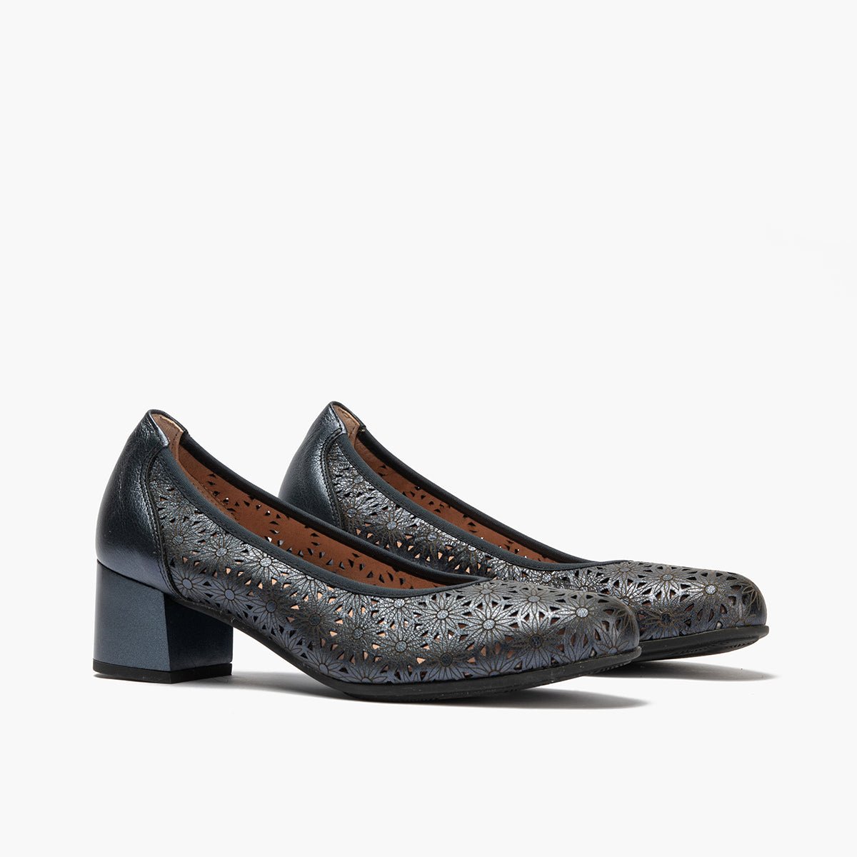 Zapato salón con tacón medio, en piel fantasía perforada Marino