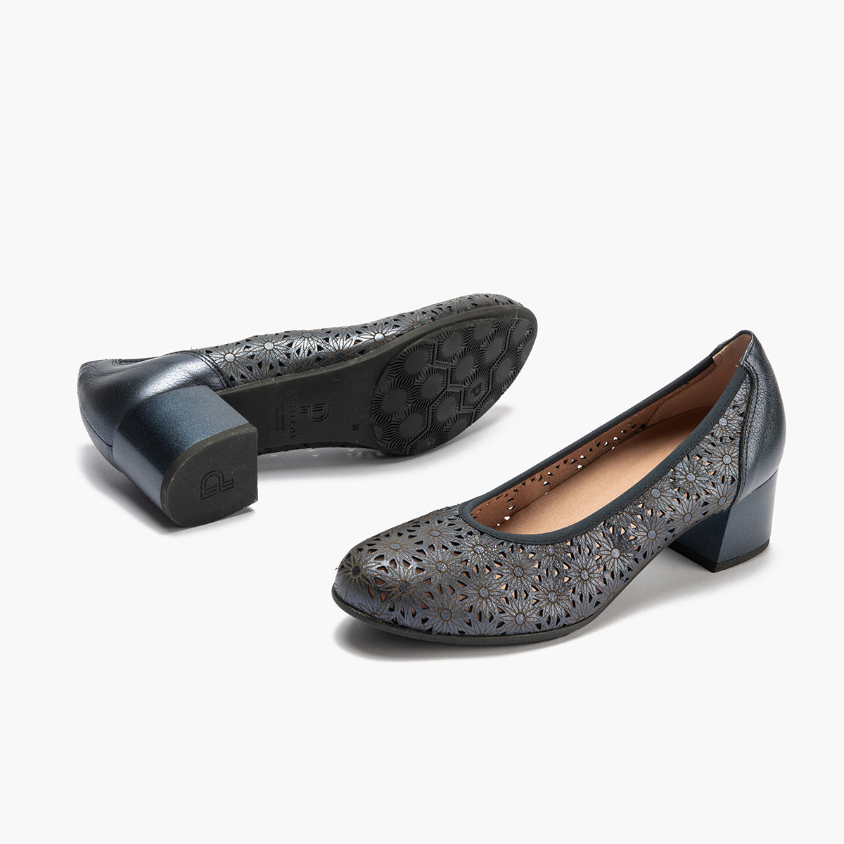Zapato salón con tacón medio, en piel fantasía perforada Marino