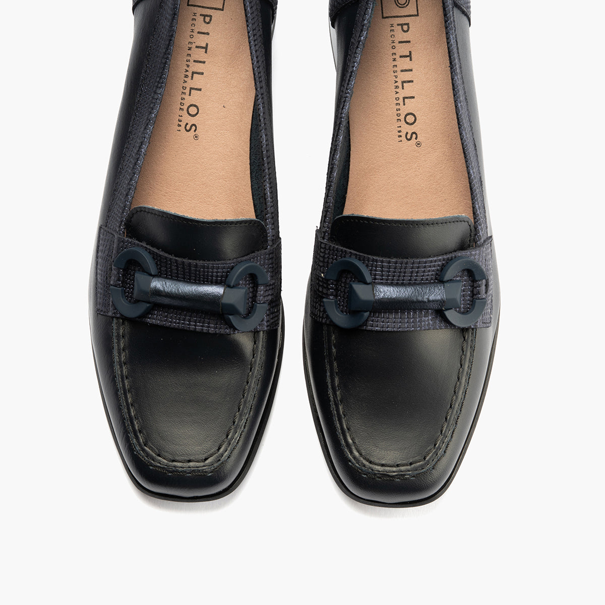 Mocasín con tacón bajo y adorno, con punta cuadrada Marino