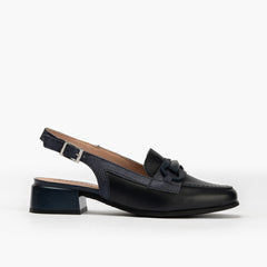 Mocasín destalonado con tacón bajo y adorno, con punta cuadrada Marino