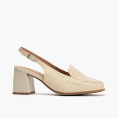 Mocasín destalonado antifaz con tacón alto y punta cuadrada Crema