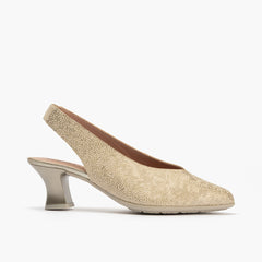 Zapato salón destalonado con tacón medio, en piel fantasía Oro
