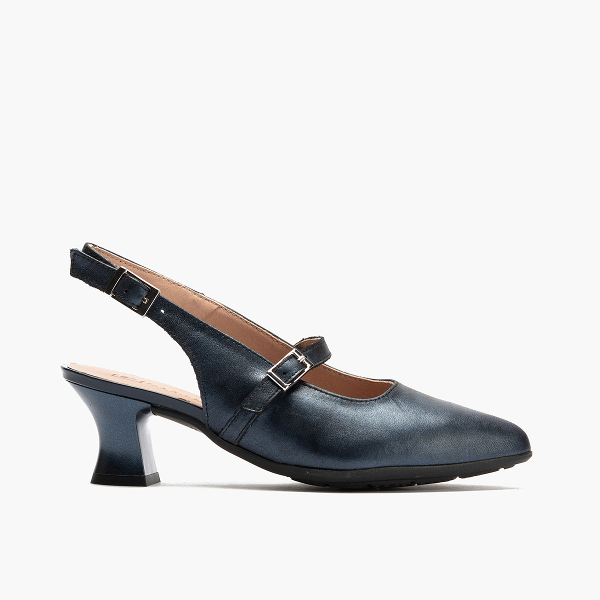 Zapato salón destalonado con tacón medio, en piel laminada y pulsera Marino