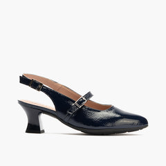 Zapato salón destalonado con tacón medio, en piel charol y pulsera Marino