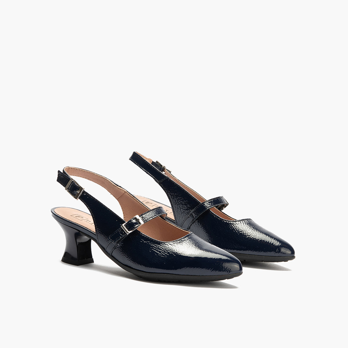 Zapato salón destalonado con tacón medio, en piel charol y pulsera Marino