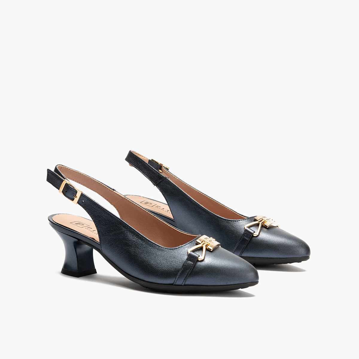 Zapato salón destalonado con tacón medio, con adorno y piel laminada Marino
