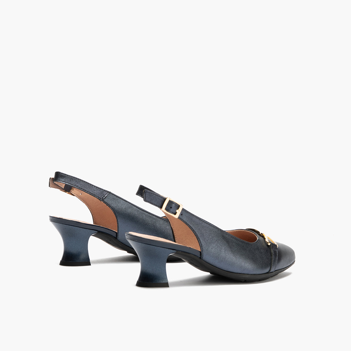 Zapato salón destalonado con tacón medio, con adorno y piel laminada Marino
