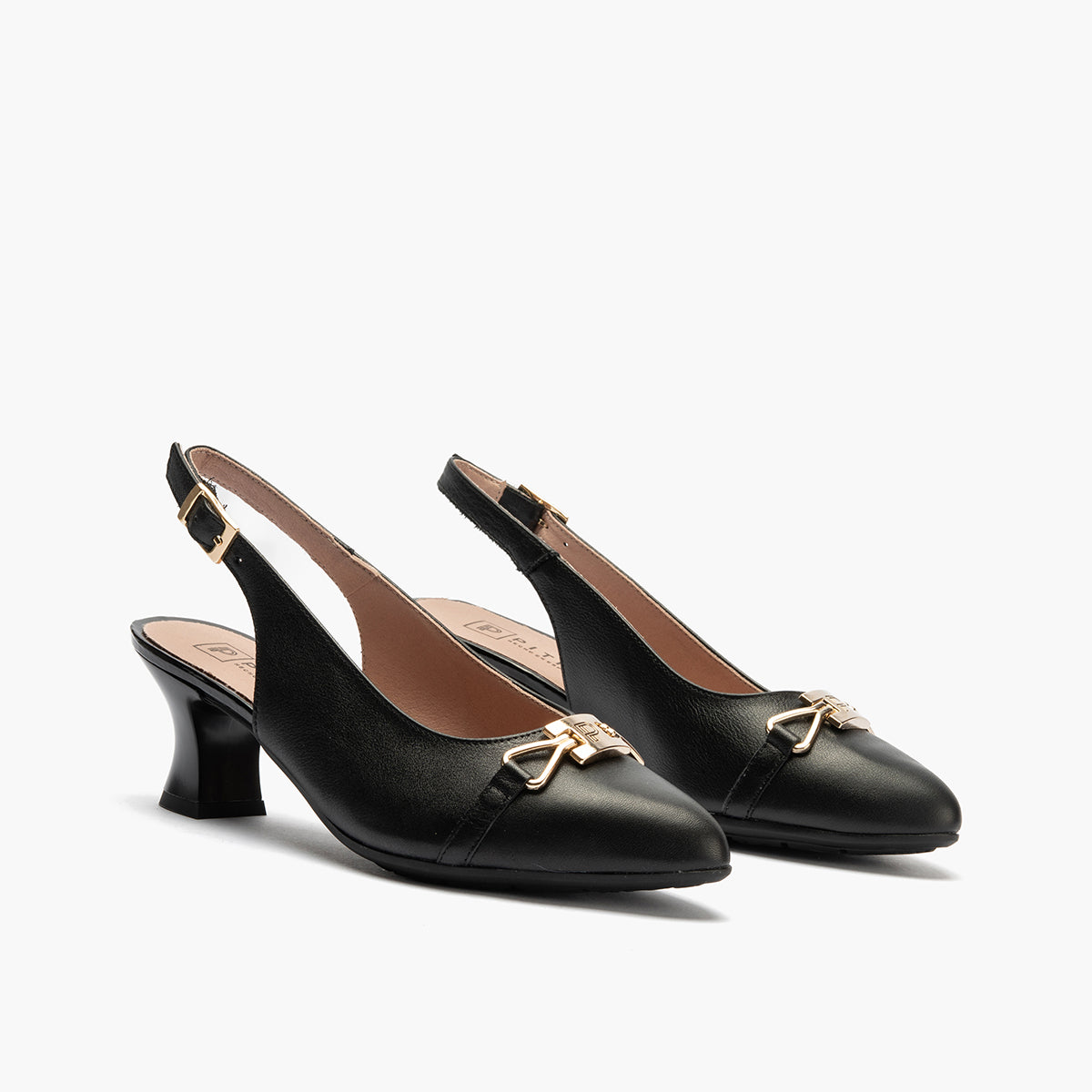 Zapato salón destalonado con tacón medio, con adorno y piel laminada Negro