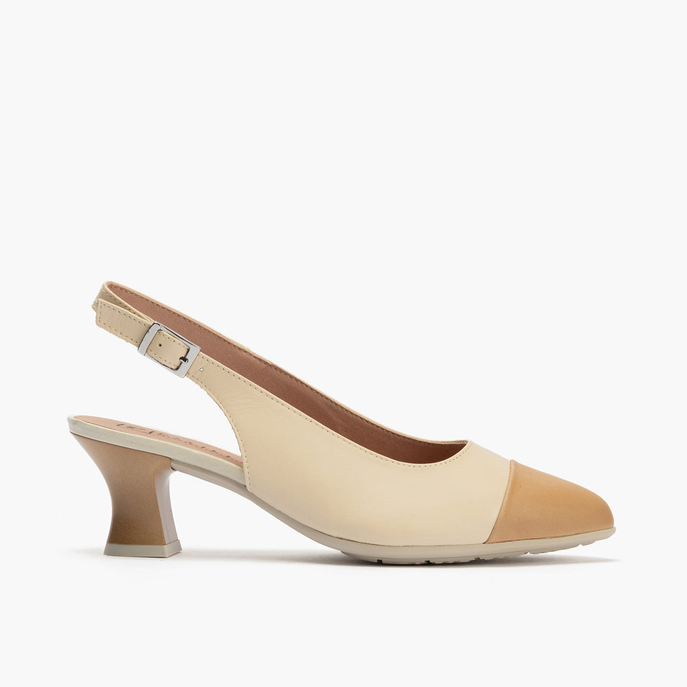 Zapato de salón destalonado con tacón medio y punta fina Taupe-Crema