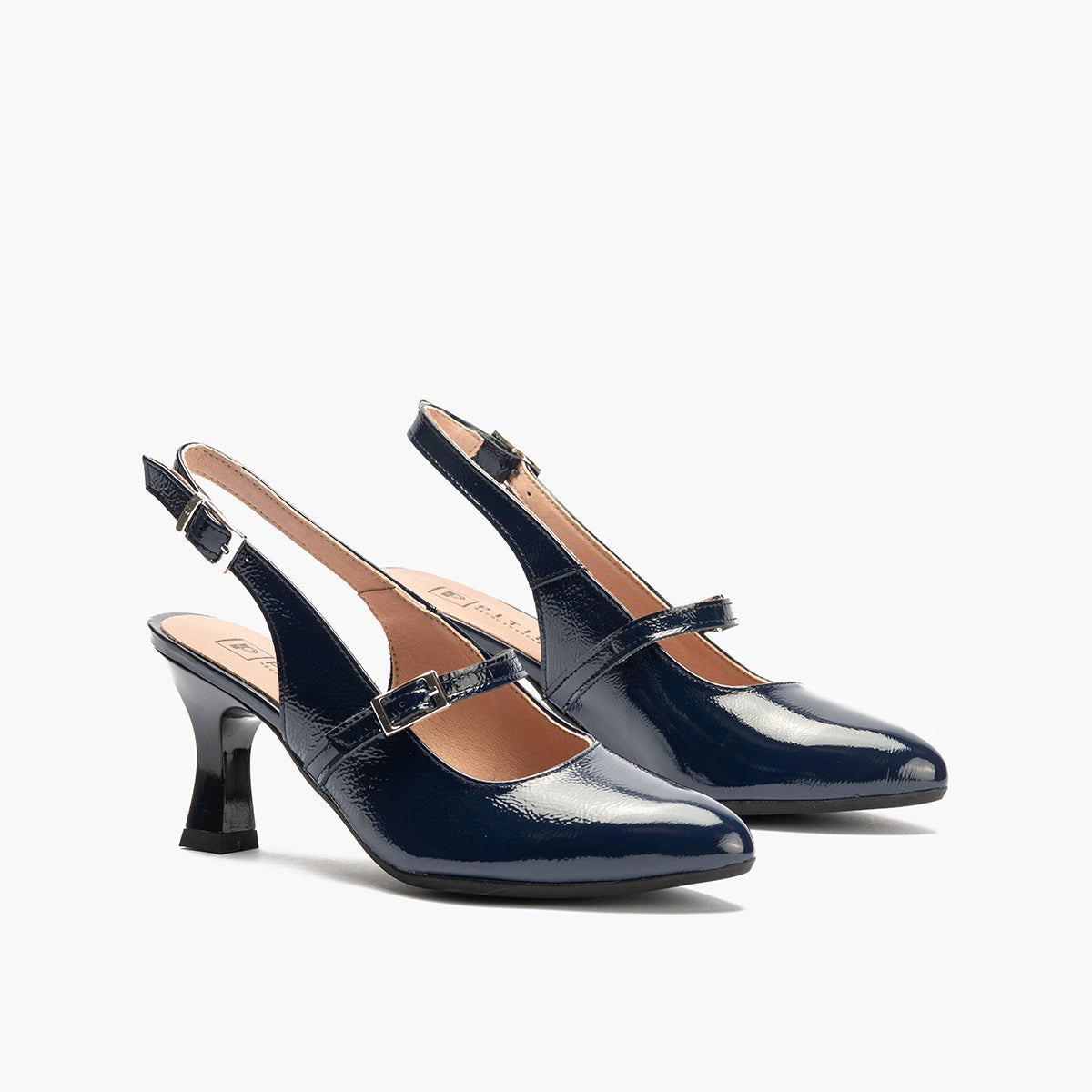 Zapato de salón destalonado con tacón alto, punta fina y pulsera Marino