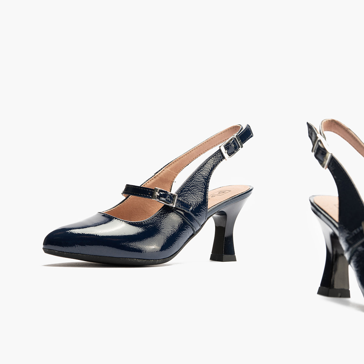 Zapato de salón destalonado con tacón alto, punta fina y pulsera Marino