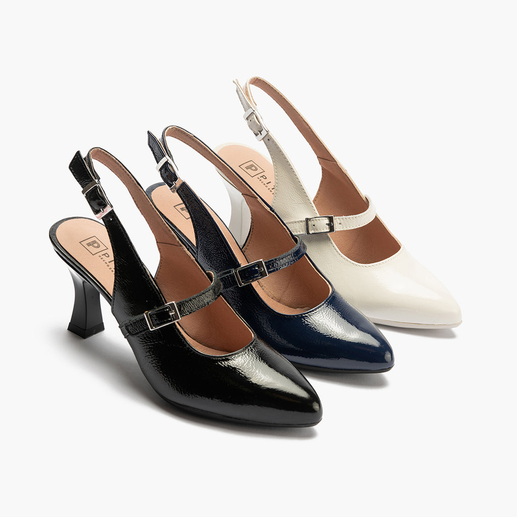Zapato de salón destalonado con tacón alto, punta fina y pulsera Marino