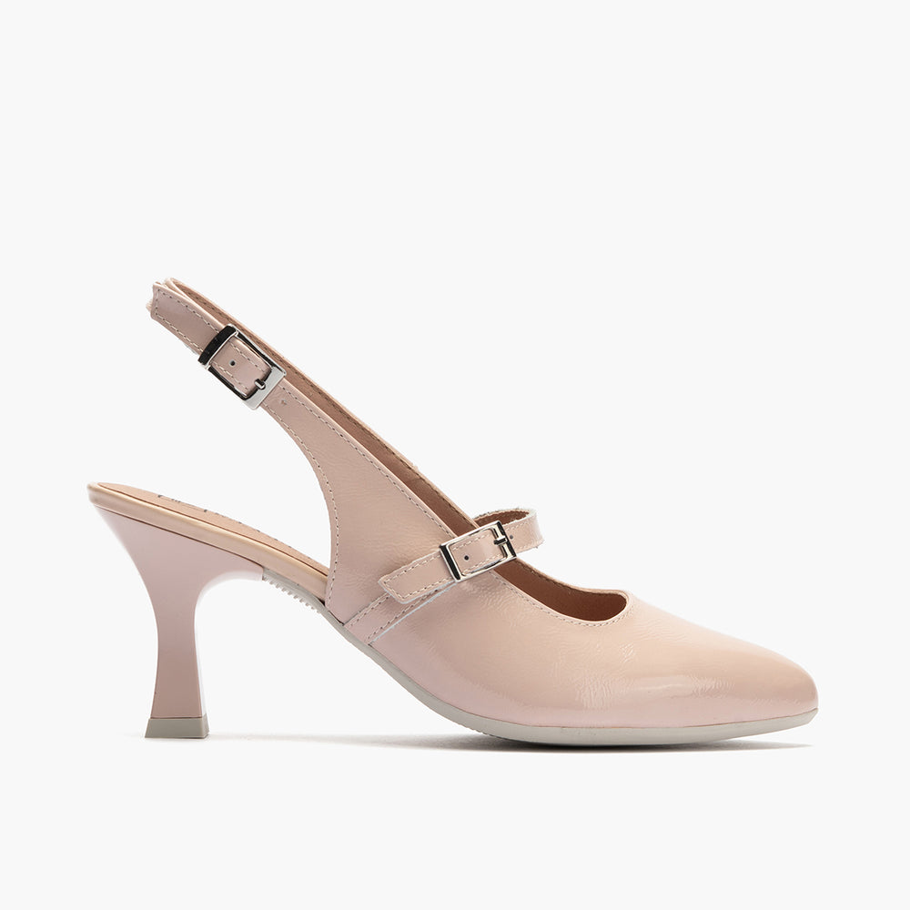 Zapato de salón destalonado con tacón alto, punta fina y pulsera Nude
