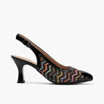 Zapato destalonado con tacón alto, punta fina y piel charol y rafia Negro