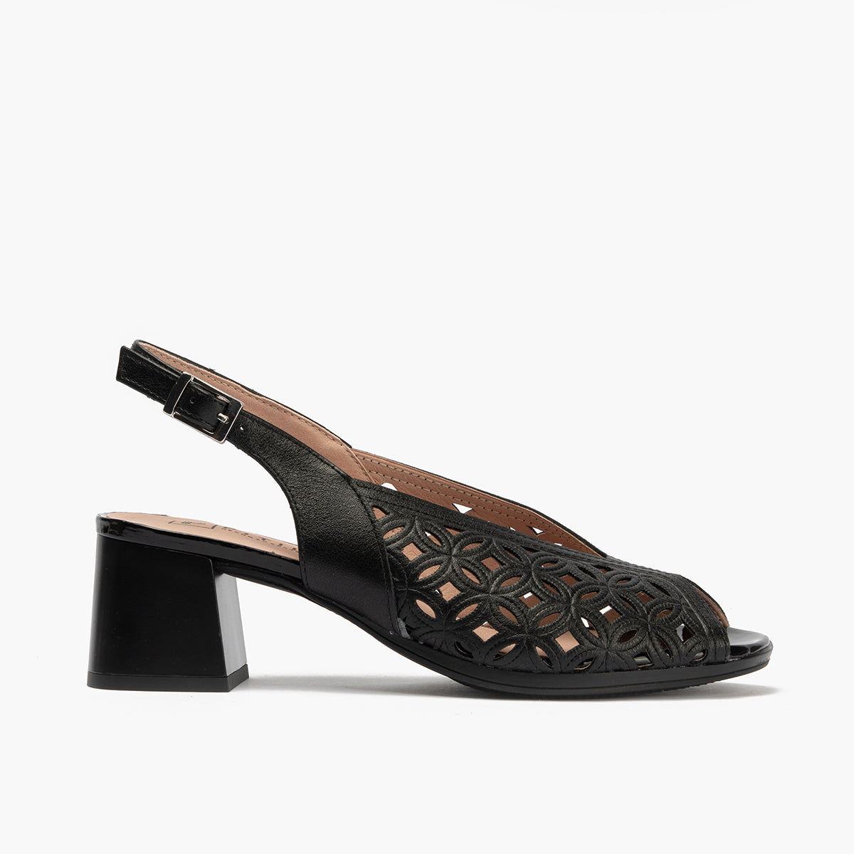 Sandalia destalonada con detalles metalizados y tacón medio Negro