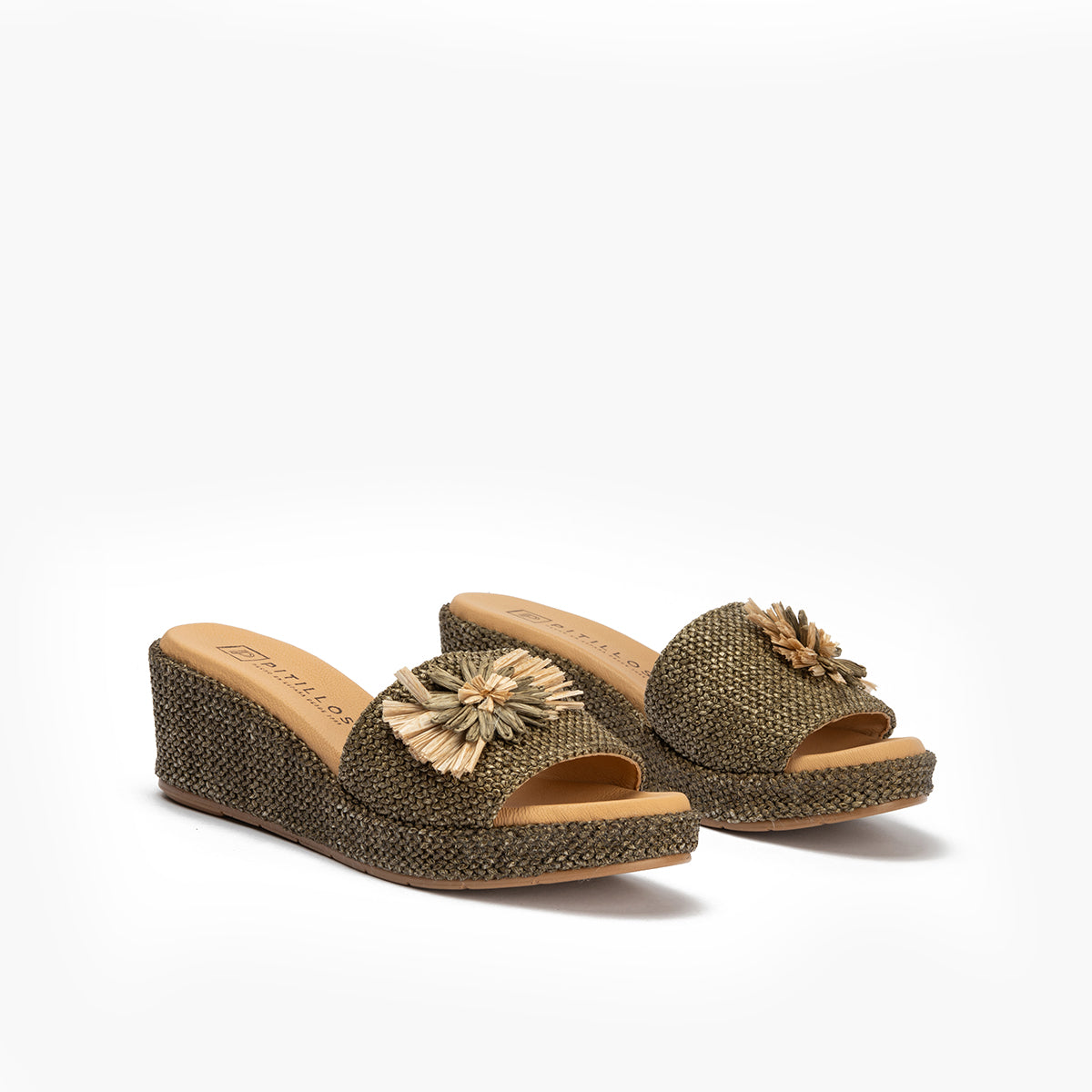 Sandalia zueco de rafia con cuña baja Kaki