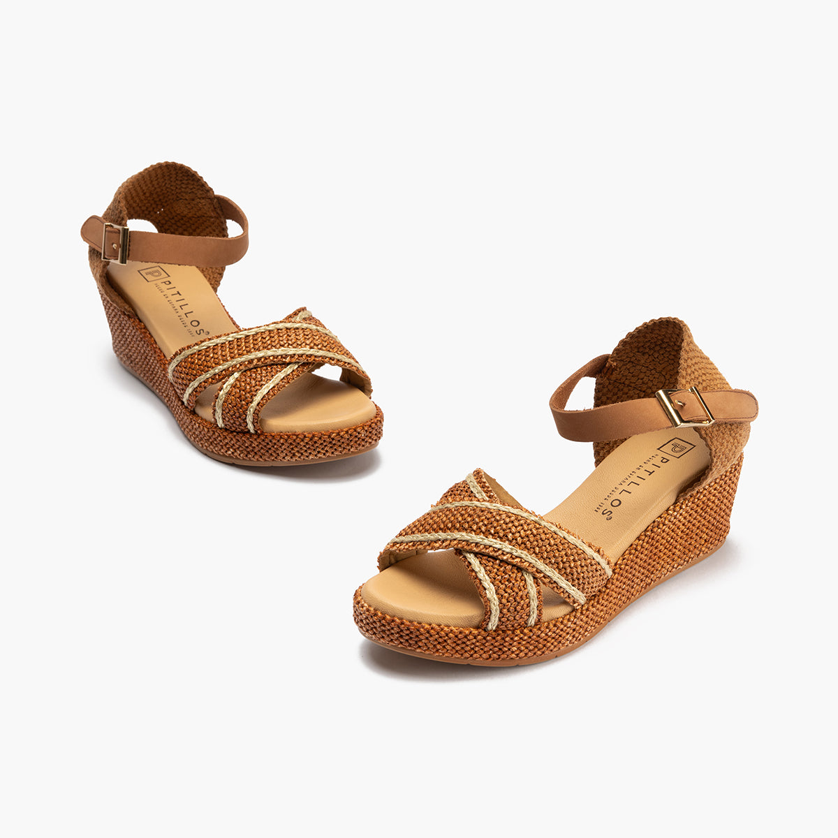 Sandalia de rafia con cuña baja, cruzados y pulsera Cuero