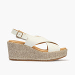 Sandalia de rafia con cuña alta y piel cruzada Blanco