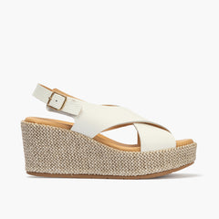 Sandalia de rafia con cuña alta y piel cruzada Blanco