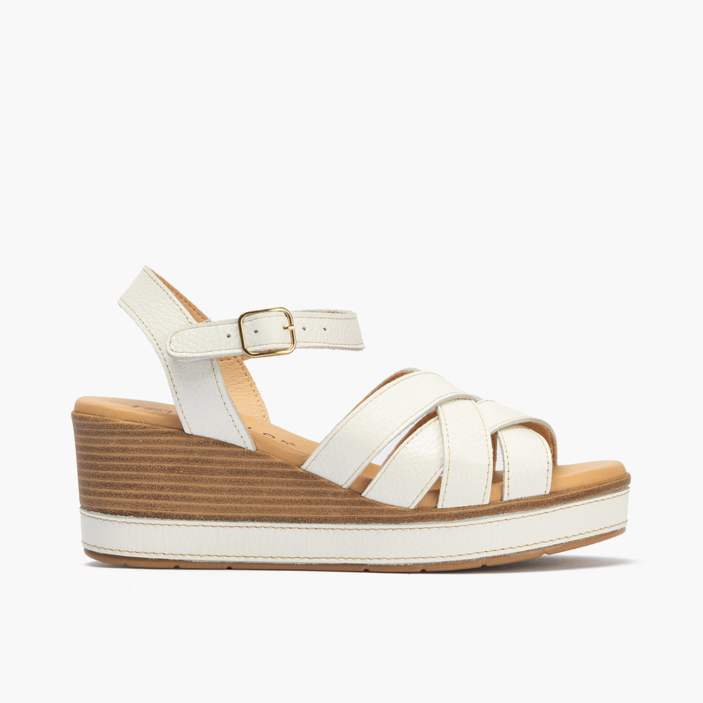 Sandalia con cuña alta, piel y cruzados Blanco
