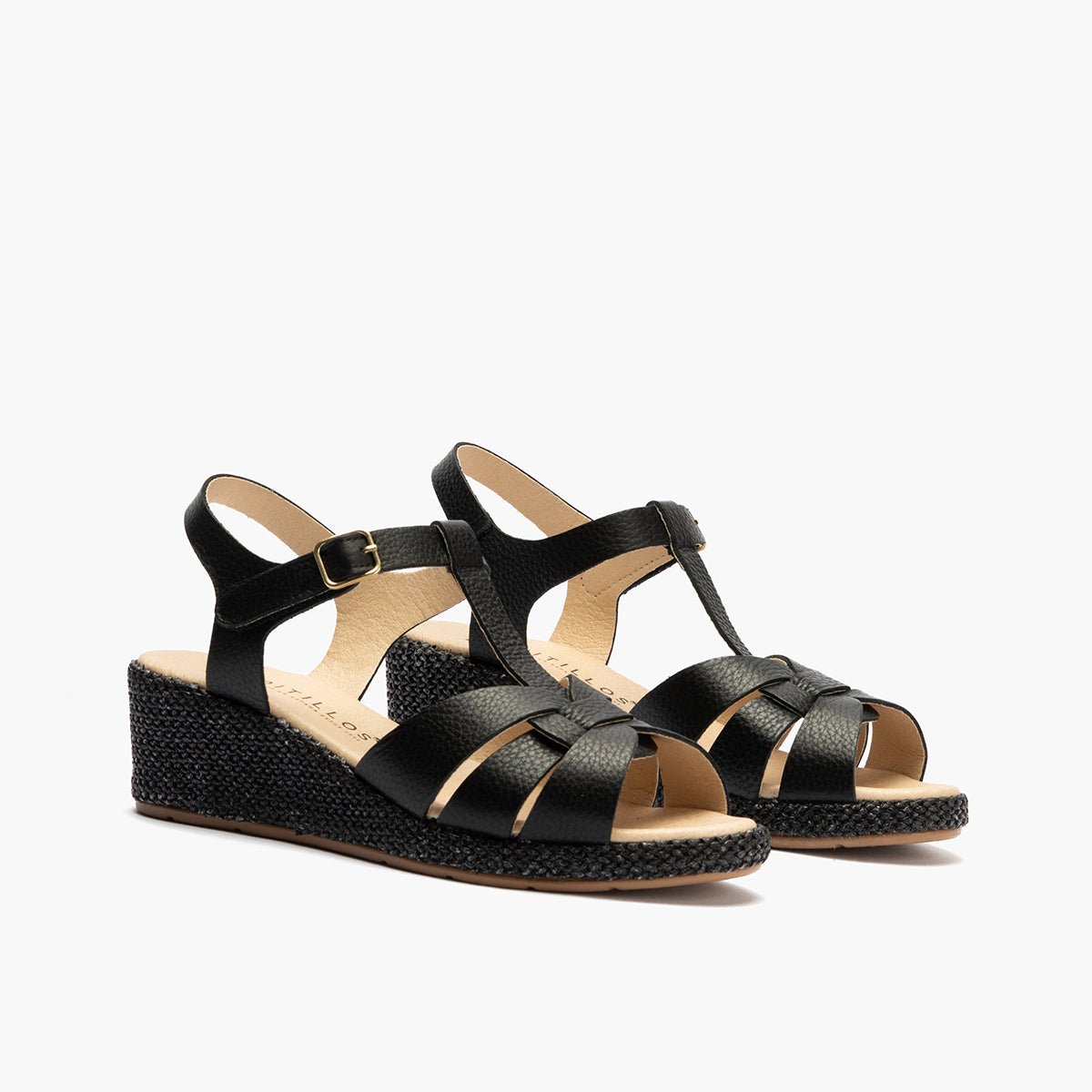 Sandalia estilo valenciana con cuña media y piel Negro