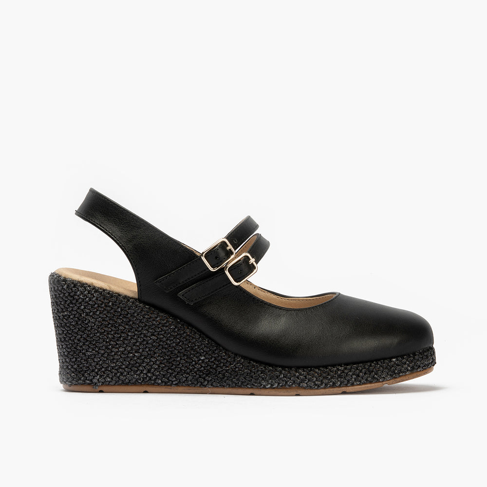 Sandalia estilo valenciana con cuña alta y pulseras estilo mercedes Negro