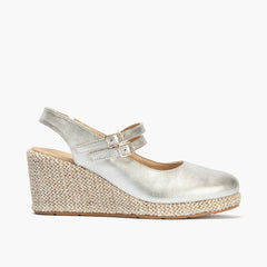 Sandalia estilo valenciana con cuña alta y pulseras estilo mercedes Plata