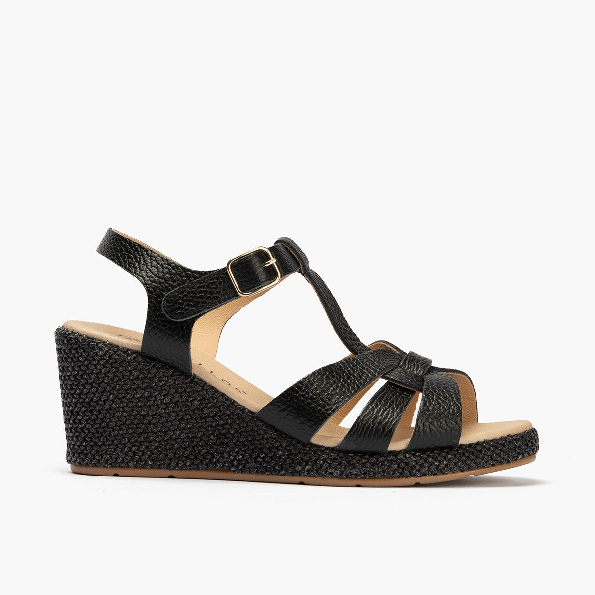 Sandalia estilo valenciana con cuña alta y combinado en piel Negro