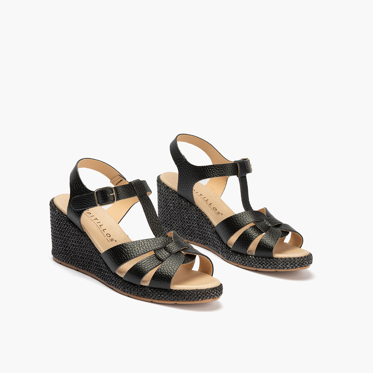 Sandalia estilo valenciana con cuña alta y combinado en piel Negro