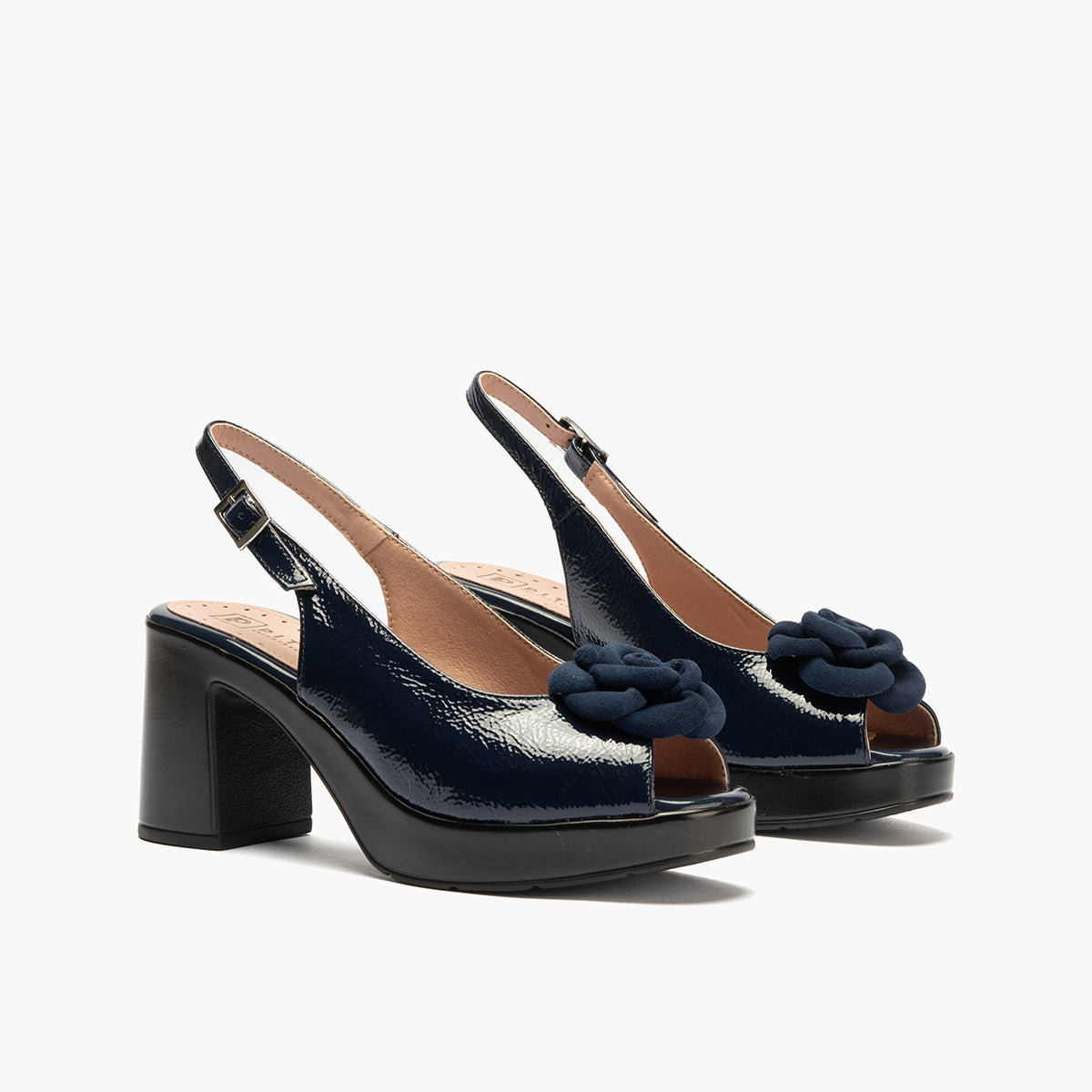 Zapato de salón con tacón plataforma y detalle floral Marino