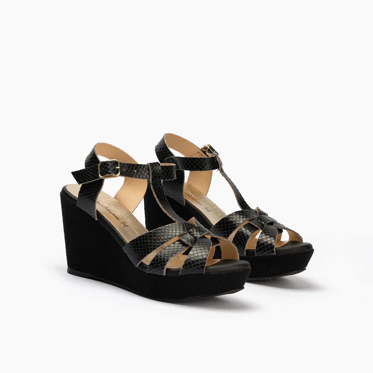 Sandalia con cuña alta en piel con efecto animal print Negro