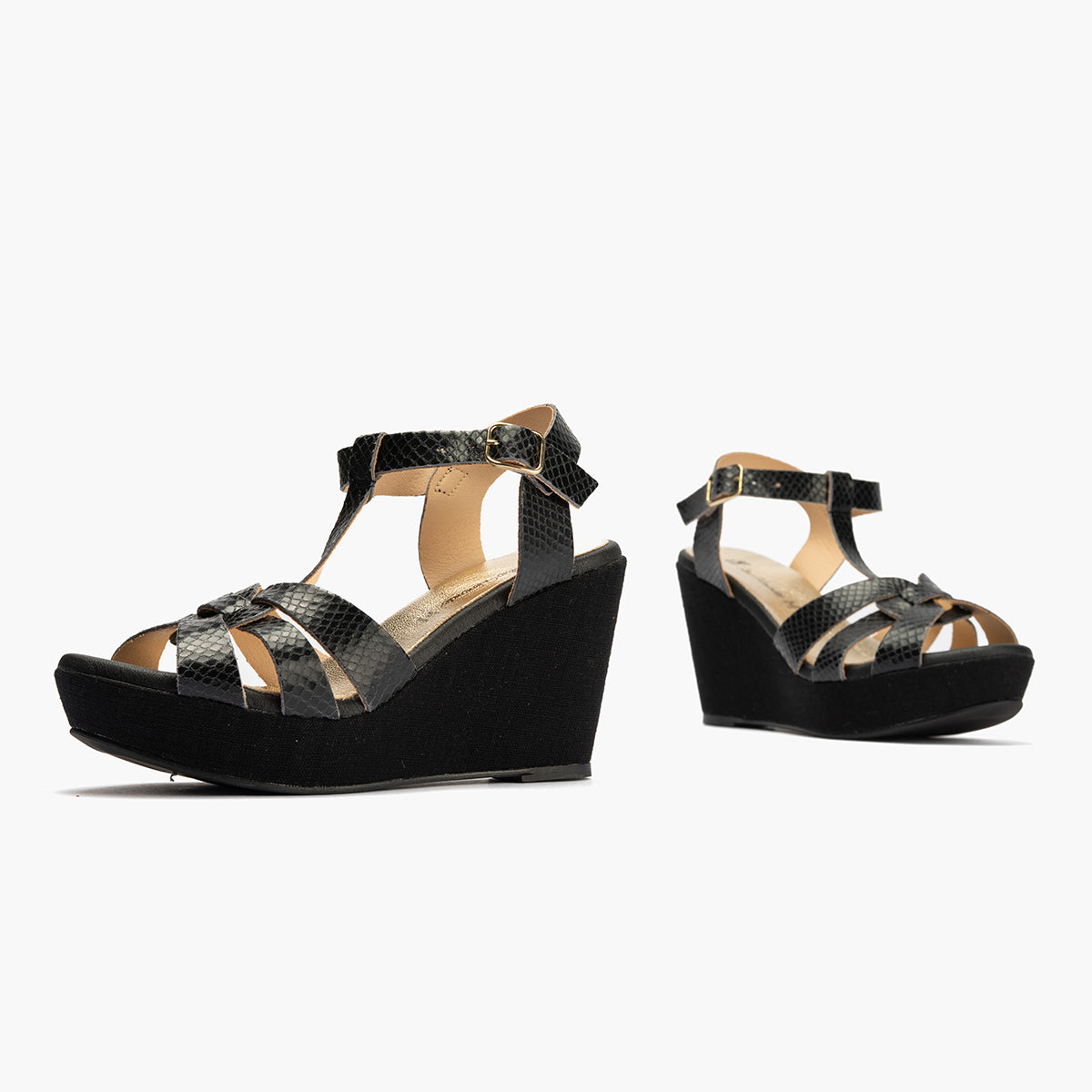 Sandalia con cuña alta en piel con efecto animal print Negro